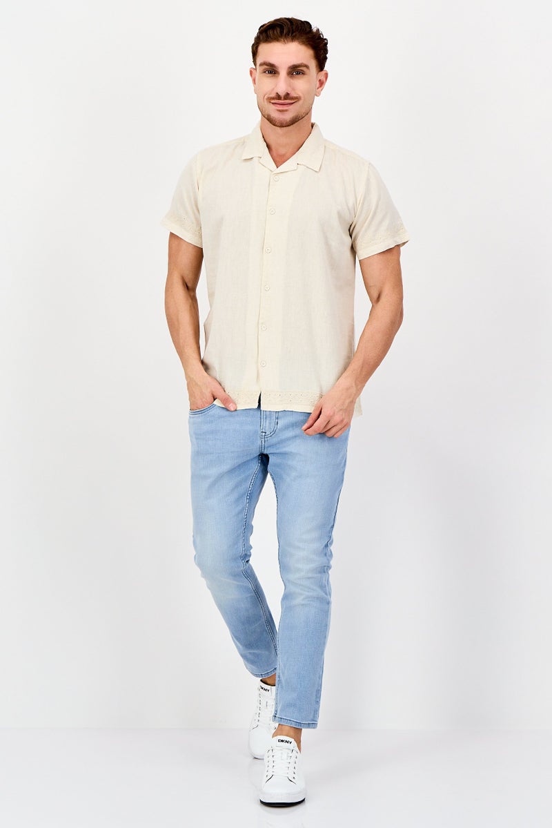 Threadbare Men Regular Fit Embroidered Short Sleeve Casual Shirt, Beige - Image 4